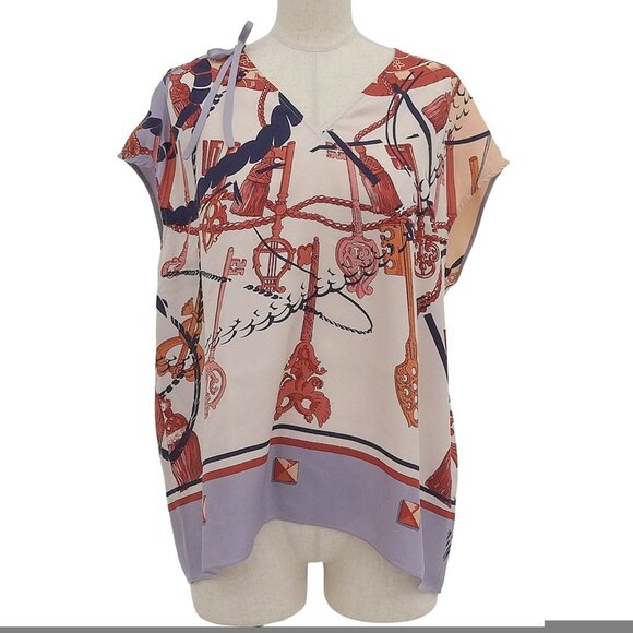 Hermes Les Cles 100% Silk One Shoulder Ribbon V Neck